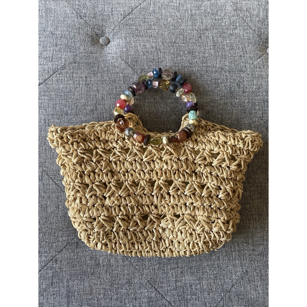 Kelly and Katie Basket Weave Purse with Beaded Round Double Handles Coastal